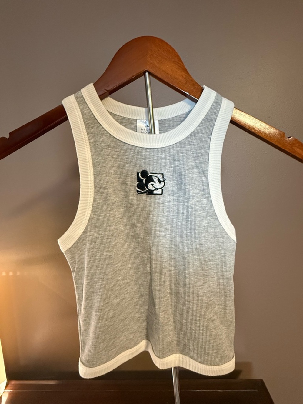 Gray Ribbed Tank Top with Mickey Mouse Patch
